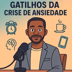 Ilustração de uma pessoa respirando fundo e cercada por palavras‑gatilho como “estresse”, “sono”, “cafeína”